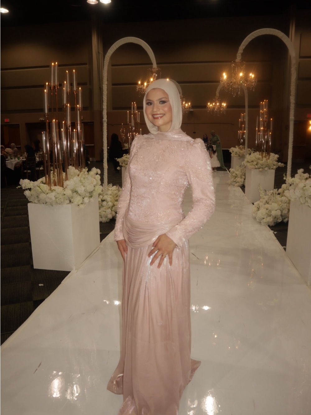 Modest Long Sleeve Lace Evening Gown in Blush Pink